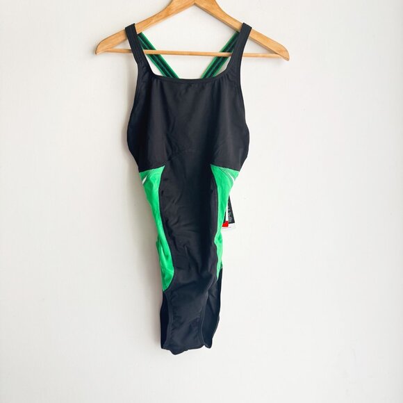 Speedo Endurance Black Green Color block Sports One Piece Swimsuit 12 - Picture 1 of 7